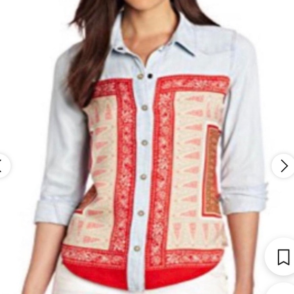 Lucky Brand Dixie Scarf Bandana Print Western Yoke Chambray Blouse w Snaps - Picture 11 of 13